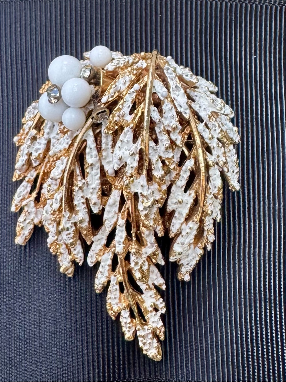 Vintage Gold-Tone Leaf Cluster Brooch with White Enamel and Bead Accent